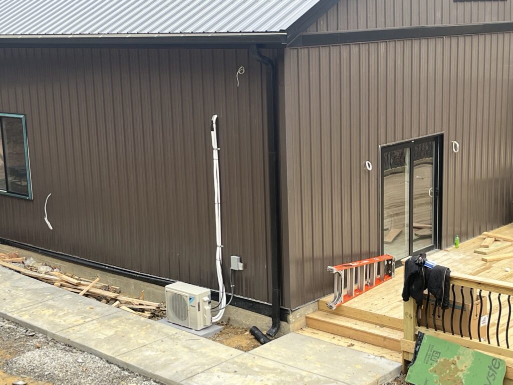 Daikin ductless mini-split outdoor unit installed at a new metal building near Louisville, KY